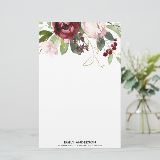 ZWART PINK BURGUNDY PROTEA FLORAL WATERVERF BRIEFPAPIER (Staand voorkant)