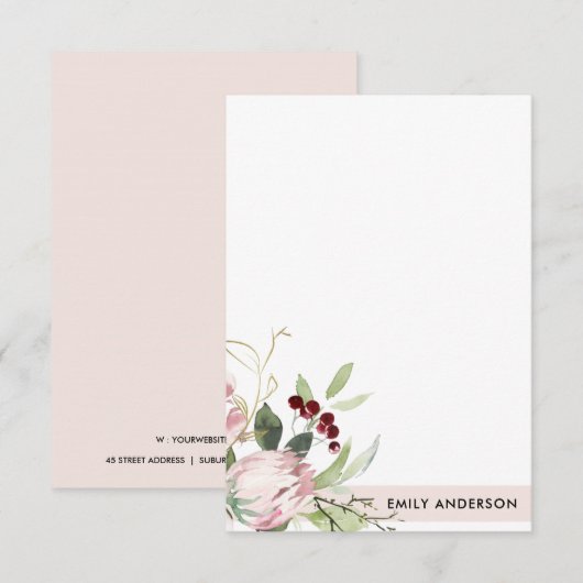 ZWART PINK BURGUNDY PROTEA FLORAL WATERVERF NOTITIEKAARTJE (Voorkant / Achterkant)