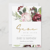 ZWART PINK BURGUNDY PROTEA FLORAL WATERVERF SAVE THE DATE (Voorkant)