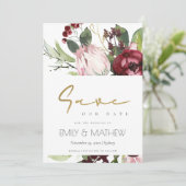 ZWART PINK BURGUNDY PROTEA FLORAL WATERVERF SAVE THE DATE (Staand voorkant)