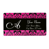 ZWART PINK FUCHSIA DAMASK, AMETHYST MONOGRAM ETIKET (Voorkant)