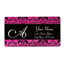 ZWART PINK FUCHSIA DAMASK, AMETHYST MONOGRAM ETIKET
