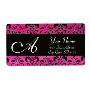 ZWART PINK FUCHSIA DAMASK, AMETHYST MONOGRAM ETIKET