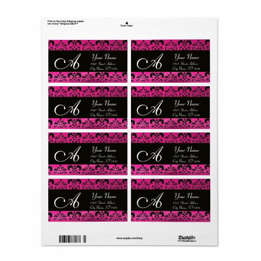 ZWART PINK FUCHSIA DAMASK, AMETHYST MONOGRAM ETIKET (Full Sheet)