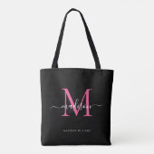 Zwart PInk Magenta Monogram Script Naam Initiaal Tote Bag (Achterkant)
