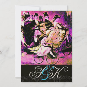 ZWART PINK PAARS BICYCLE WEDDING DAMASK MONOGRAM KAART