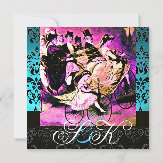 ZWART PINK PAARS BICYCLE WEDDING DAMASK MONOGRAM KAART (Voorkant)