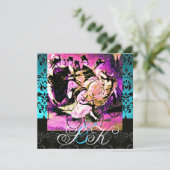 ZWART PINK PAARS BICYCLE WEDDING DAMASK MONOGRAM KAART (Staand voorkant)