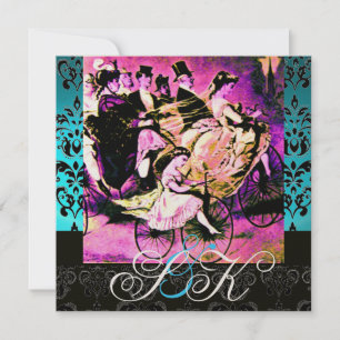 ZWART PINK PAARS BICYCLE WEDDING DAMASK MONOGRAM KAART
