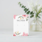 ZWART PINK PEONY FLORAL WATERVERF EARRING DISPLAY VISITEKAARTJE (Staand voorkant)