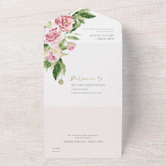 ZWART PINK PEONY WREATRAL FLORAL WATERVERF WEDING ALL IN ONE UITNODIGING (Buitenkant)
