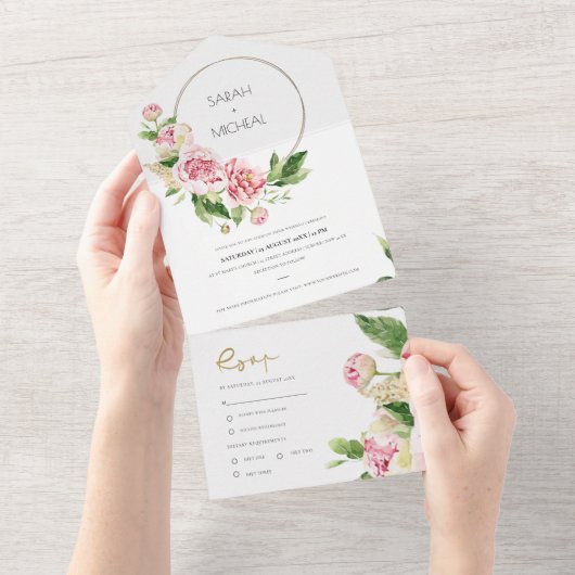 ZWART PINK PEONY WREATRAL FLORAL WATERVERF WEDING ALL IN ONE UITNODIGING (Afscheurbaar)