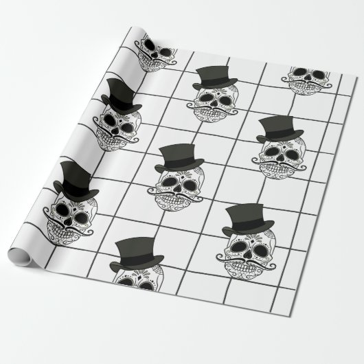Zwart Plaid, Skulls, Top Hat Cadeaupapier (Uitgerold)