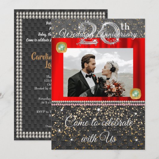 Zwart, Platina & Parels 20-jarig huwelijksjubileum Kaart (Voorkant / Achterkant)