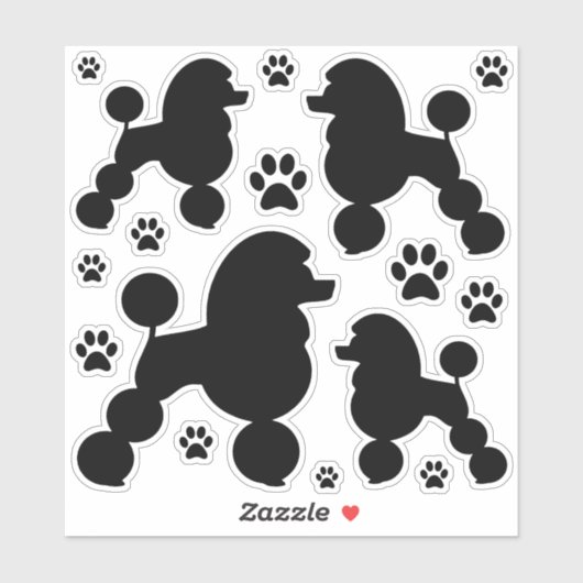 Zwart Poedel Hond en Poot Print silhouet Sticker (Vel)