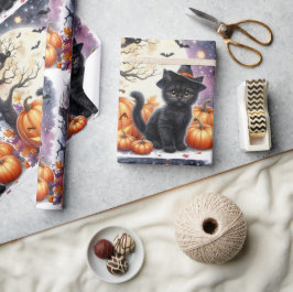 Zwart poesje kat Halloween inpakpapier
