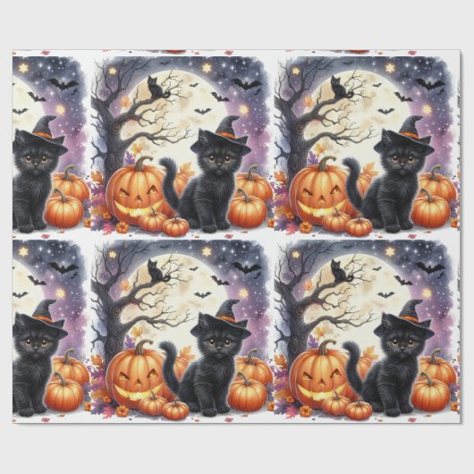 Zwart poesje kat Halloween inpakpapier (Vlak)