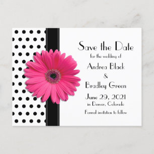 Zwart Polka Dots Roze Daisy Bruiloft Save the Date Aankondigingskaart