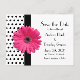 Zwart Polka Dots Roze Daisy Bruiloft Save the Date Aankondigingskaart