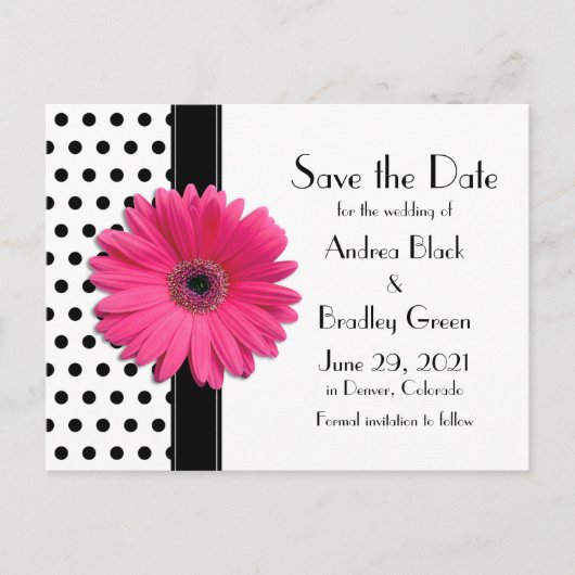 Zwart Polka Dots Roze Daisy Bruiloft Save the Date Aankondigingskaart (Voorkant)