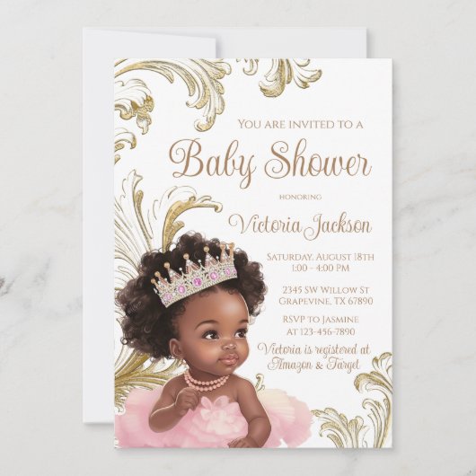 Zwart Prinses Roze Goud Baby shower Kaart (Voorkant)