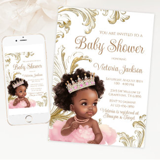Zwart Prinses Roze Goud Baby shower Kaart