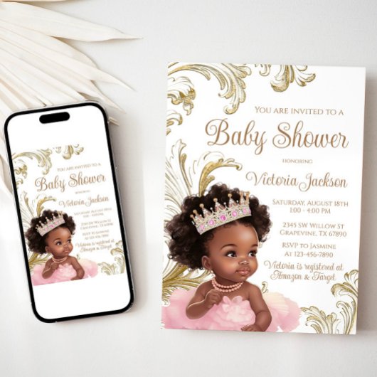 Zwart Prinses Roze Goud Baby shower Kaart