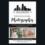 Zwart Professionele Fotograaf Uw Logo Flyer<br><div class="desc">Marketing flyer voor een professionele fotograaf gepersonaliseerd met uw foto's, logo, contactgegevens, aangepaste tekst en profielfoto in een charmant schoon zwart en wit ontwerp. Vrouwelijke en chique professionele fotografie flyer in een strak design met een zwarte accentkleur en een charmant script gepersonaliseerd met uw logo en foto's om uw talent...</div>