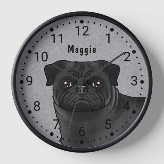 Zwart Pug Cartoon Dog Head Close-up en Naam Grijs (Voorkant)