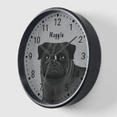 Zwart Pug Cartoon Dog Head Close-up en Naam Grijs (Hoek)