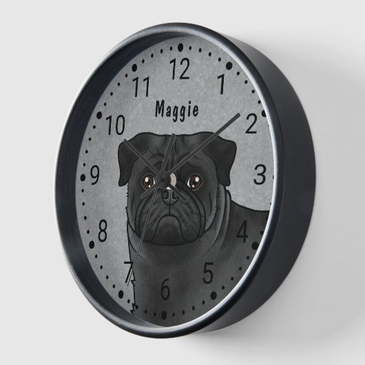 Zwart Pug Cartoon Dog Head Close-up en Naam Grijs (Hoek)