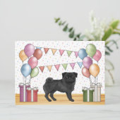 Zwart Pug Cartoon Hond Kleurrijke Pastels Verjaard Kaart (Staand voorkant)