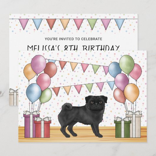 Zwart Pug Cartoon Hond Kleurrijke Pastels Verjaard Kaart (Voorkant / Achterkant)