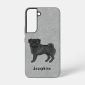 Zwart Pug Cartoon Hond Tekening Op Grijs Met Naam Samsung Galaxy Hoesje (Achterkant)