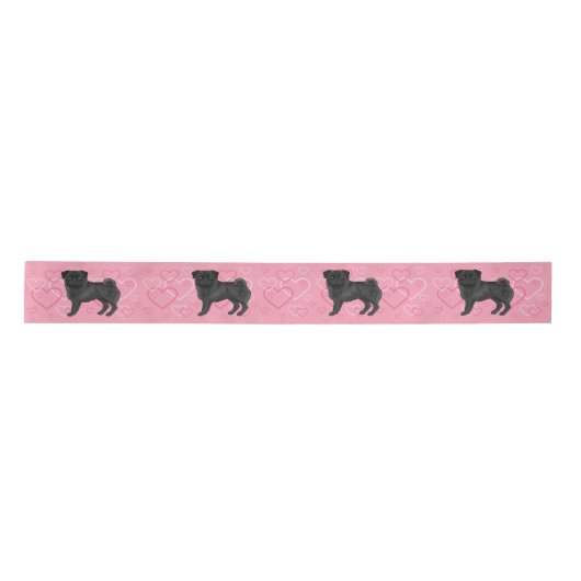 Zwart Pug Dog Cartoon Mops en harten Patroon Roze Satijnen Lint (Voorkant)