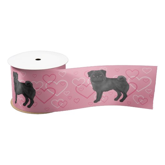 Zwart Pug Dog Cartoon Mops en harten Patroon Roze Satijnen Lint (Spoel)