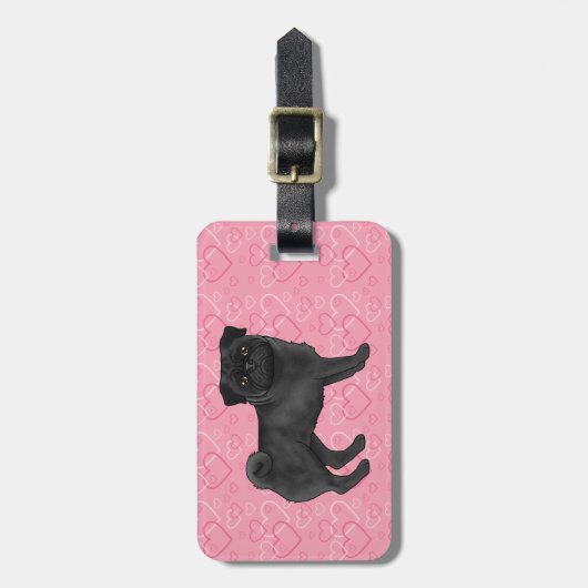 Zwart Pug Dog Cartoon Mops Love Hart Patroon Roze Bagagelabel (Voorkant verticaal)