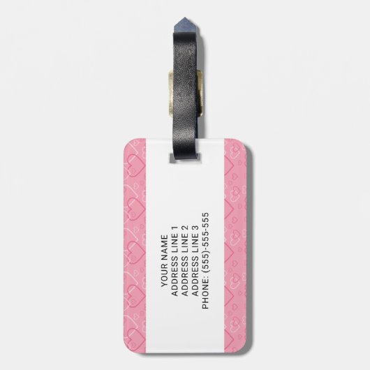 Zwart Pug Dog Cartoon Mops Love Hart Patroon Roze Bagagelabel (Achterkant verticaal)