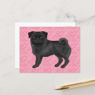 Zwart Pug Dog Cartoon Mops Love Hart Patroon Roze Briefkaart