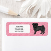 Zwart Pug Dog Cartoon Mops Love Hart Patroon Roze Etiket (Insitu)