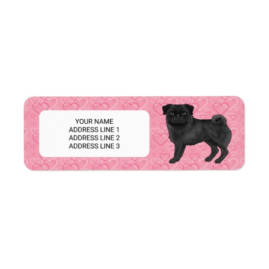 Zwart Pug Dog Cartoon Mops Love Hart Patroon Roze Etiket (Voorkant)