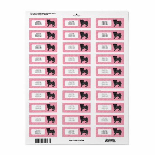 Zwart Pug Dog Cartoon Mops Love Hart Patroon Roze Etiket (Full Sheet)