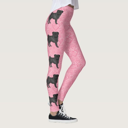 Zwart Pug Dog Cartoon Mops Love Hart Patroon Roze Leggings (Rechts)