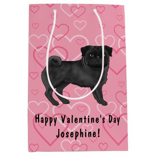 Zwart Pug Dog Cartoon Mops Love Hart Patroon Roze Medium Cadeauzakje (Voorkant)