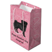 Zwart Pug Dog Cartoon Mops Love Hart Patroon Roze Medium Cadeauzakje (Achterkant Gekanteld)