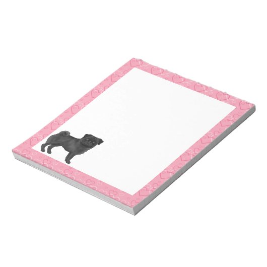 Zwart Pug Dog Cartoon Mops Love Hart Patroon Roze Notitieblok (Linkerzijde)