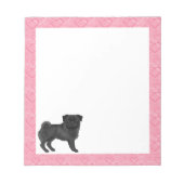 Zwart Pug Dog Cartoon Mops Love Hart Patroon Roze Notitieblok (Voorkant)