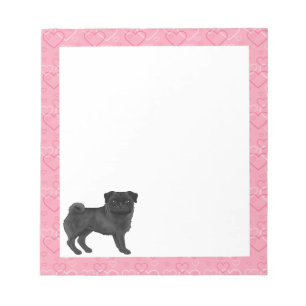 Zwart Pug Dog Cartoon Mops Love Hart Patroon Roze Notitieblok