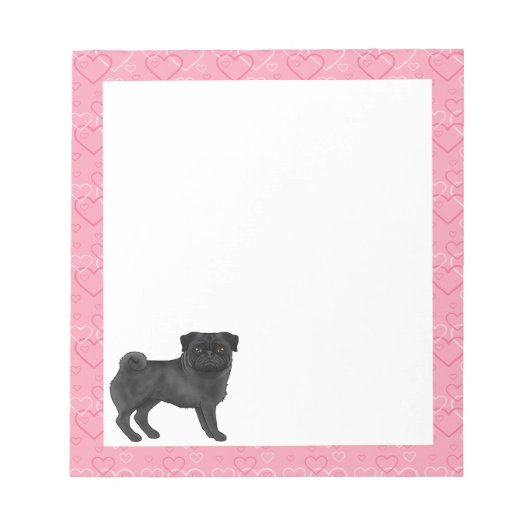 Zwart Pug Dog Cartoon Mops Love Hart Patroon Roze Notitieblok (Voorkant)