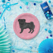 Zwart Pug Dog Cartoon Mops Love Hart Patroon Roze Papieren Bordje (Feest)